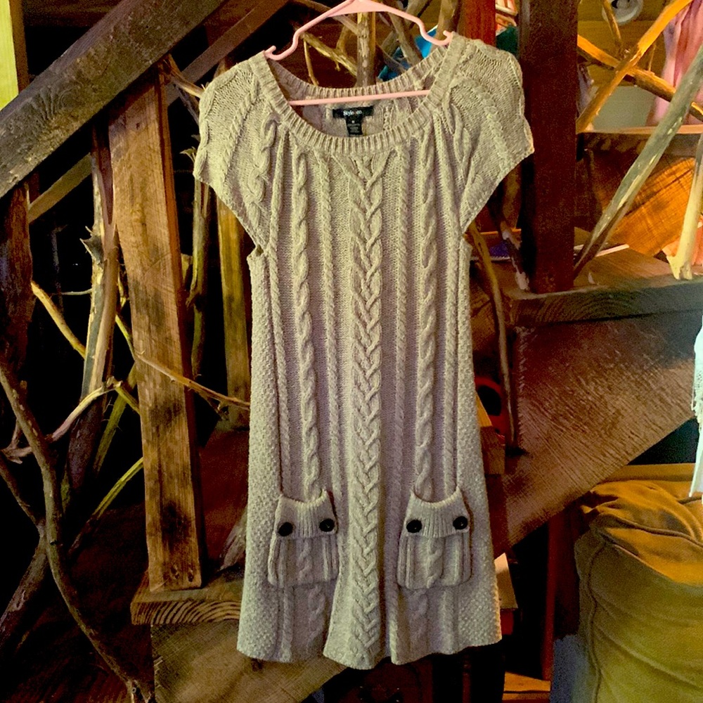 Style & Company, Sweater dress, short sleeve, size medium, color light brown.